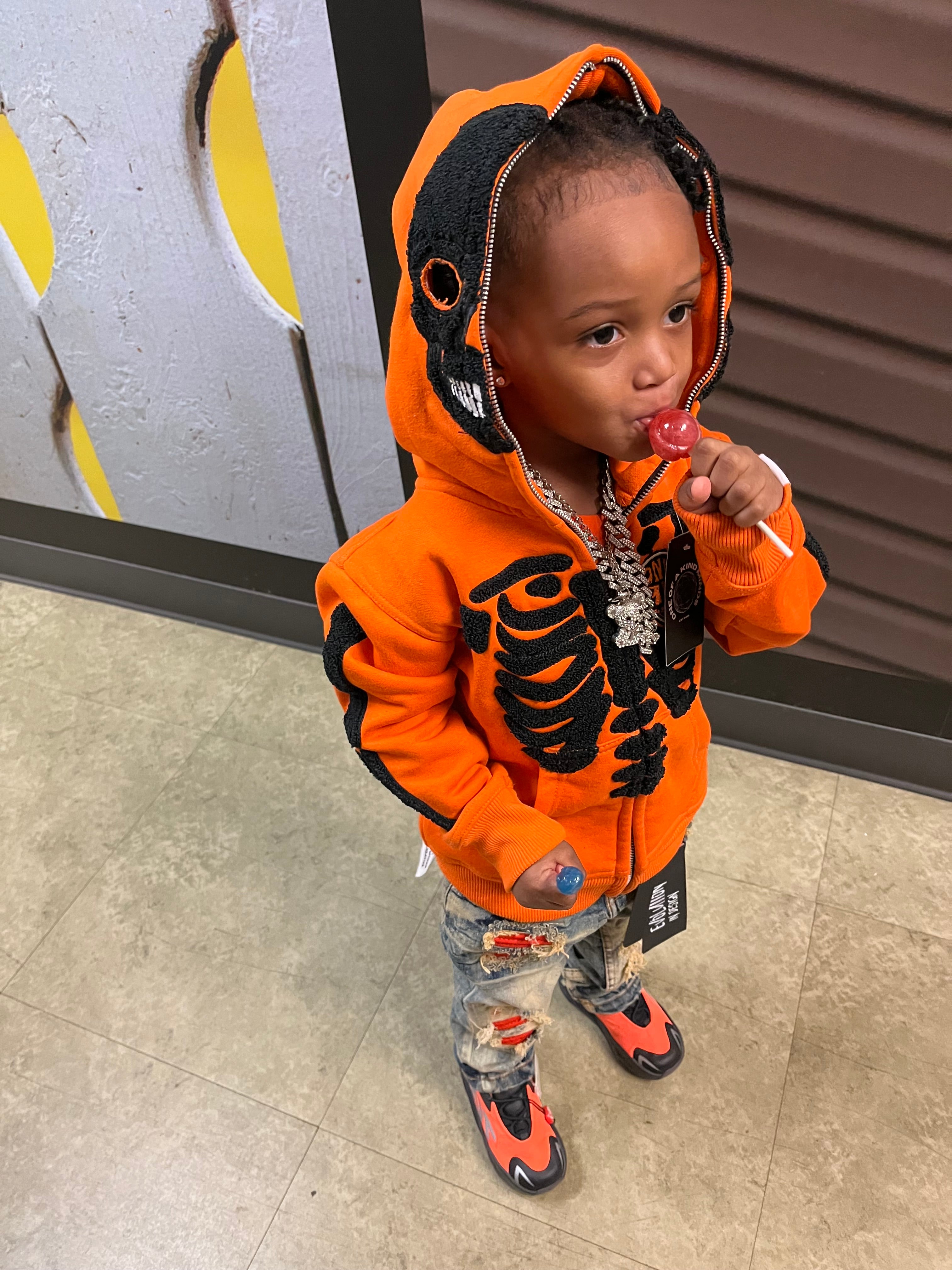 KIDS “1OK” Skeleton Full-Zip Hoodie (Orange/Black)