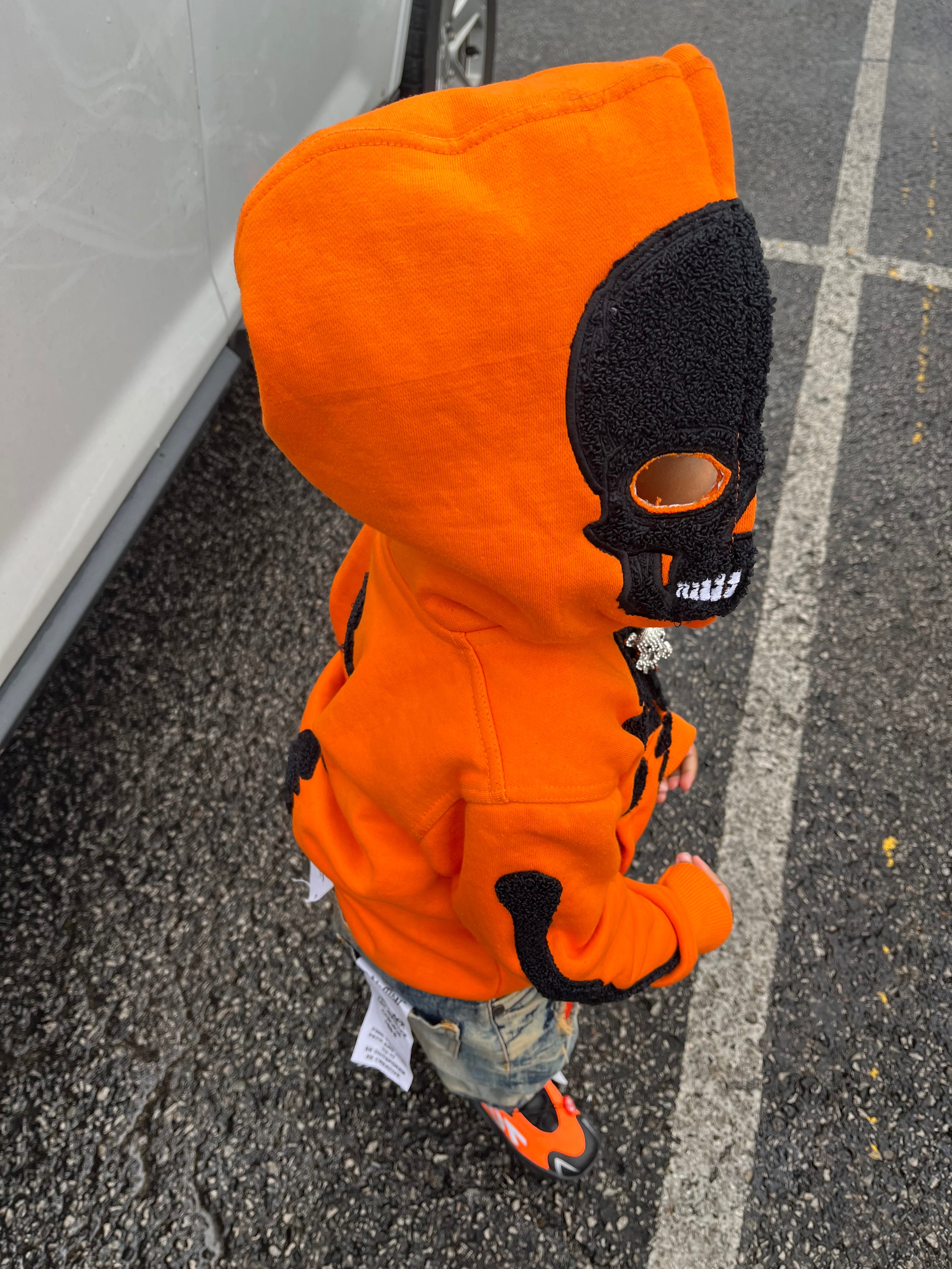 KIDS “1OK” Skeleton Full-Zip Hoodie (Orange/Black)