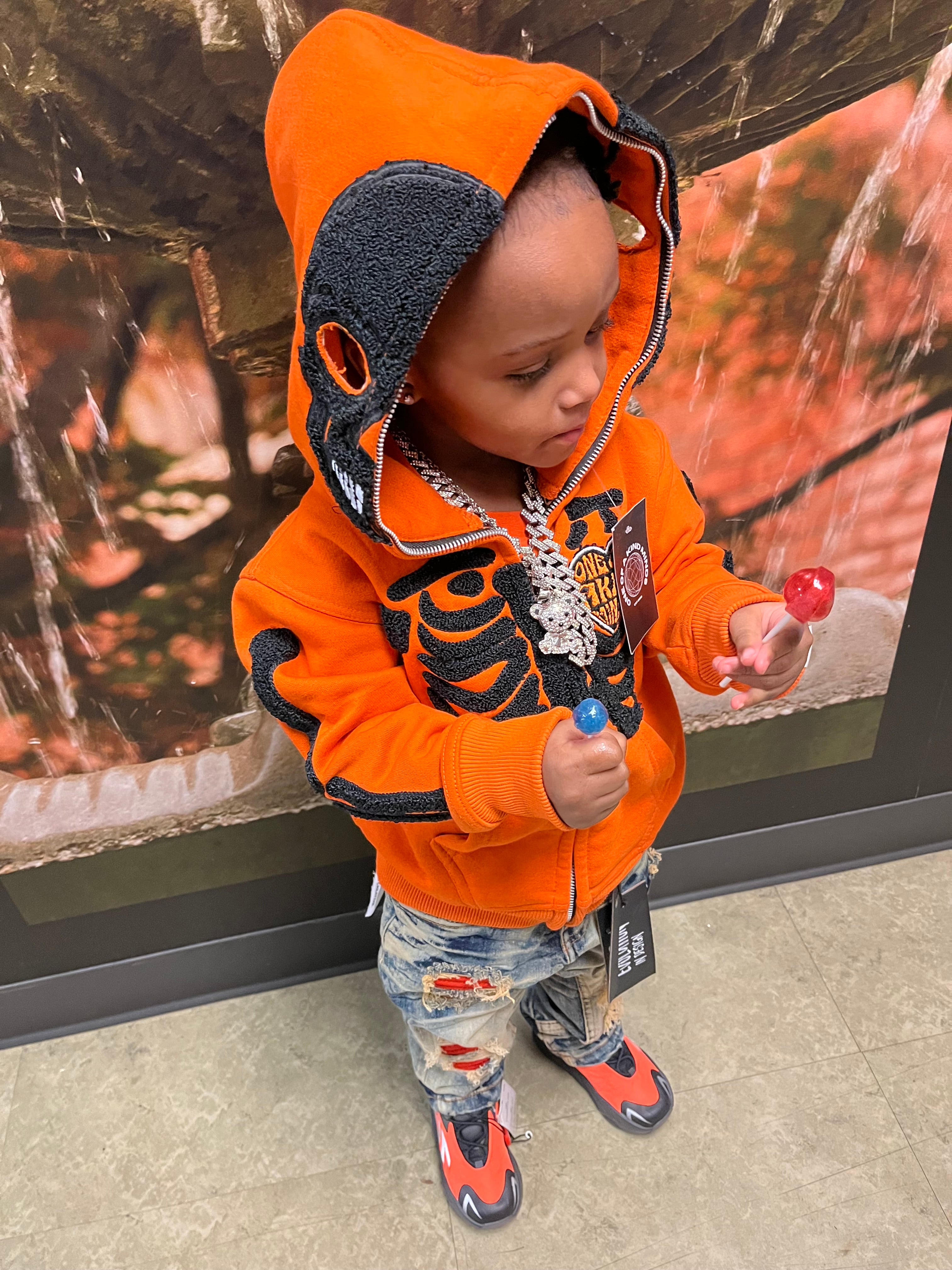 KIDS “1OK” Skeleton Full-Zip Hoodie (Orange/Black)